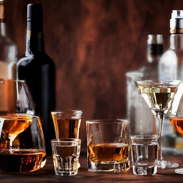 Various glasses and bottles filled with different alcoholic beverages on a wooden surface.